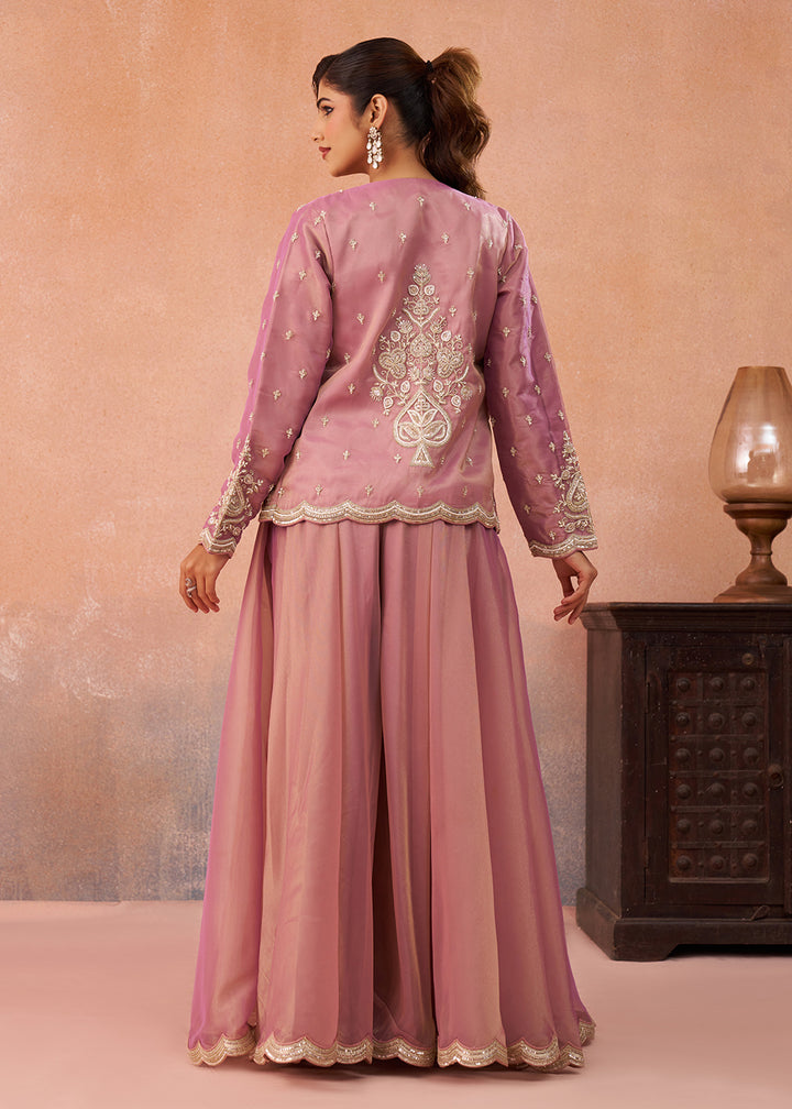 Buy Now Pink Tissue Indo Western Crop Top with Embroiderd Jacket Online in US, UK, Canada, Netherlands, Germany, Italy, France, Spain & Worldwide at Empress