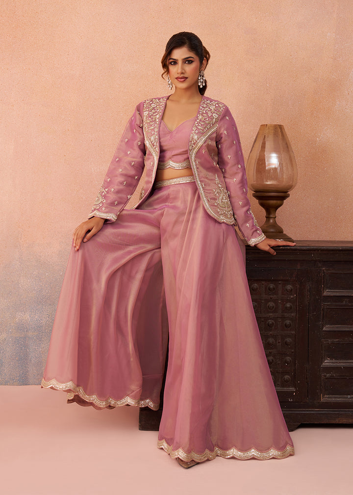 Buy Now Pink Tissue Indo Western Crop Top with Embroiderd Jacket Online in US, UK, Canada, Netherlands, Germany, Italy, France, Spain & Worldwide at Empress