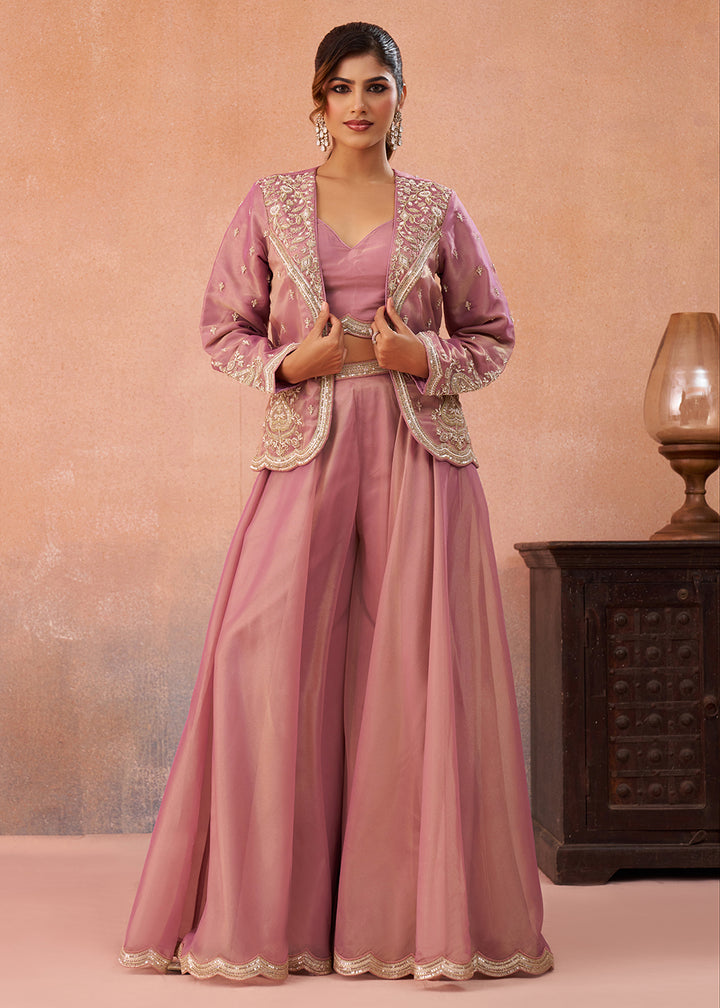 Buy Now Pink Tissue Indo Western Crop Top with Embroiderd Jacket Online in US, UK, Canada, Netherlands, Germany, Italy, France, Spain & Worldwide at Empress