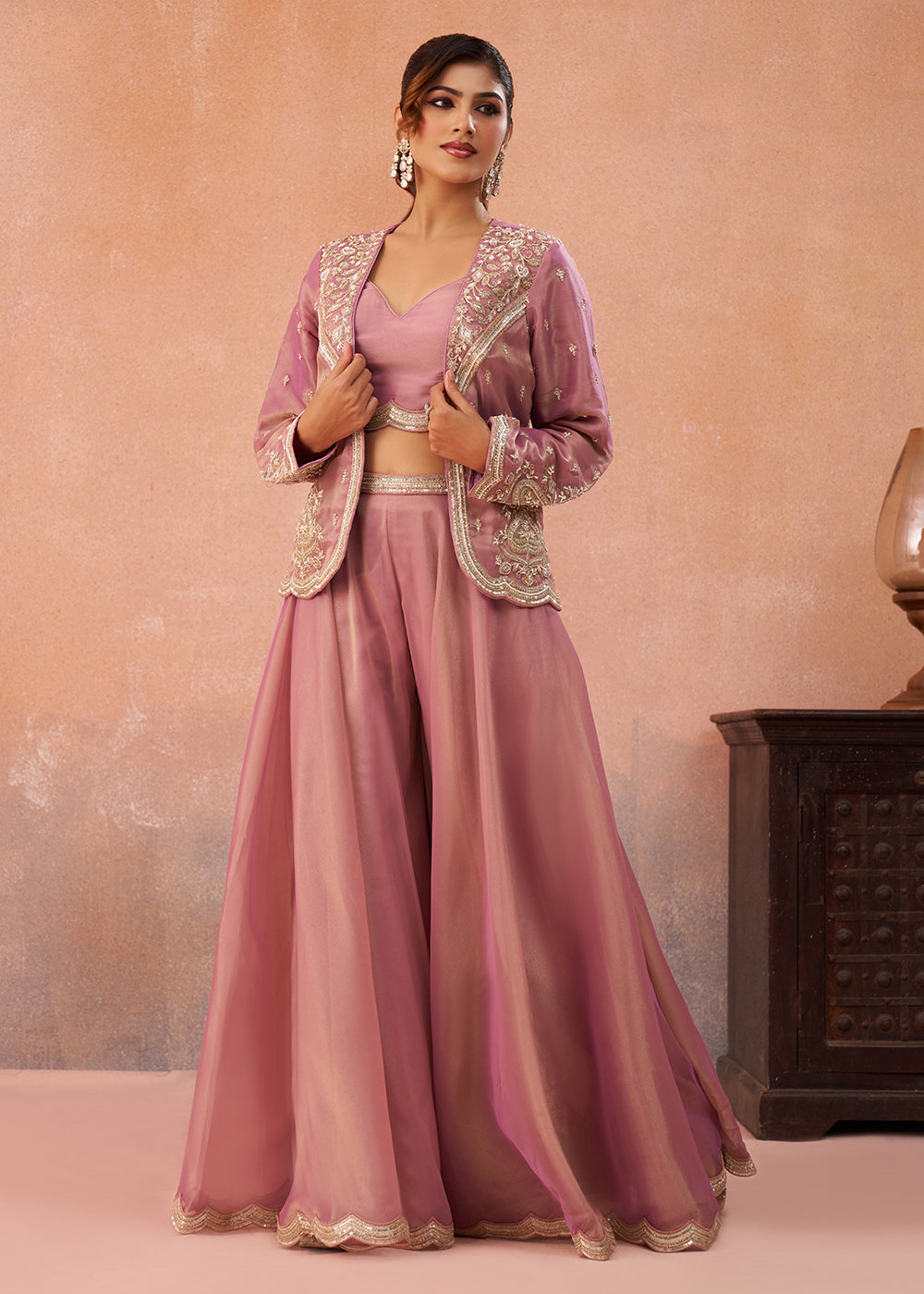 Buy Now Pink Tissue Indo Western Crop Top with Embroiderd Jacket Online in US, UK, Canada, Netherlands, Germany, Italy, France, Spain & Worldwide at Empress