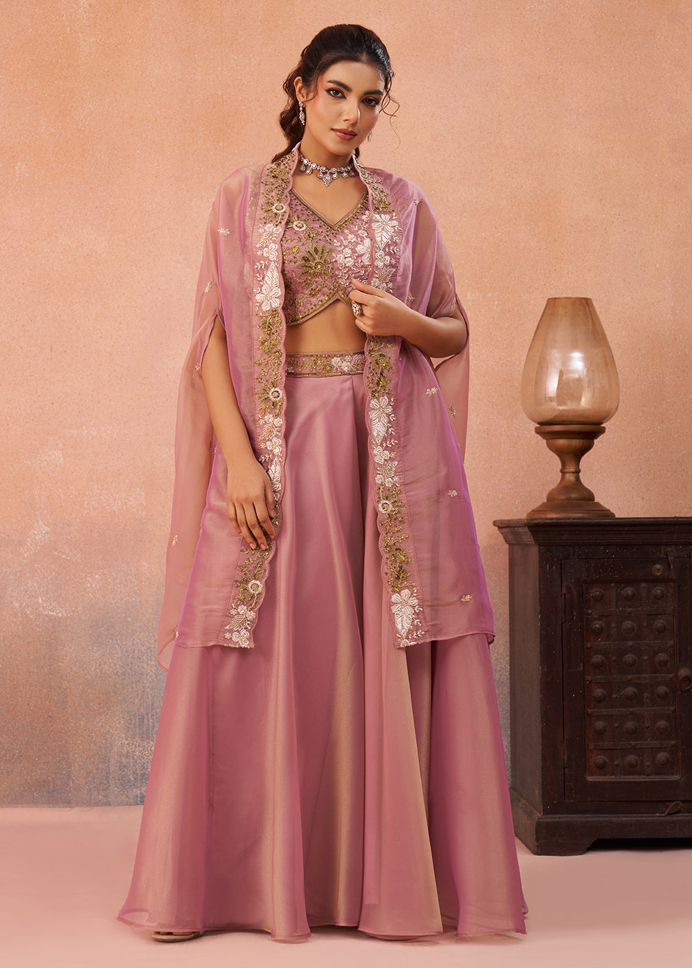 Buy Now Tissue Pink Indo Western Crop Top with Flared Cape Online in US, UK, Canada, Netherlands, Germany, Italy, France, Spain, UAE & Worldwide at Empress.