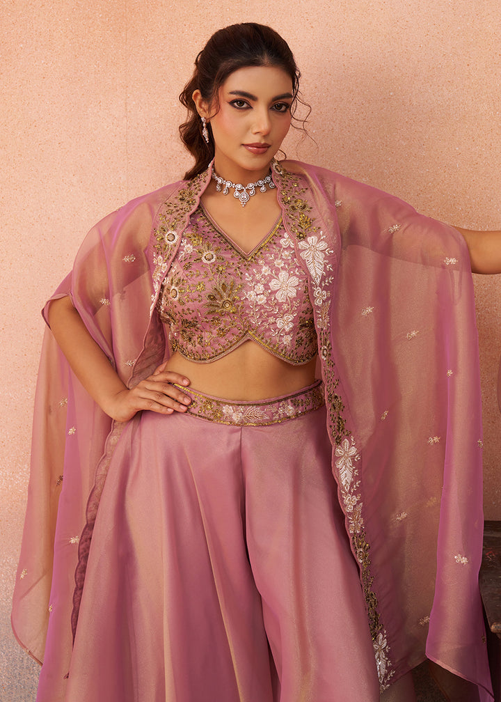 Buy Now Tissue Pink Indo Western Crop Top with Flared Cape Online in US, UK, Canada, Netherlands, Germany, Italy, France, Spain, UAE & Worldwide at Empress.
