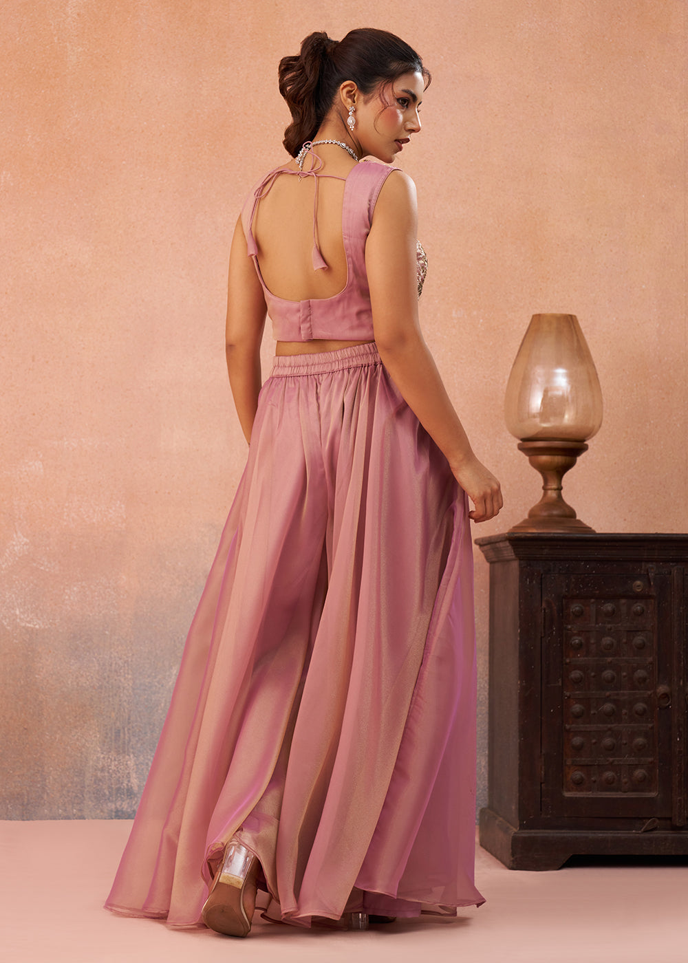 Buy Now Tissue Pink Indo Western Crop Top with Flared Cape Online in US, UK, Canada, Netherlands, Germany, Italy, France, Spain, UAE & Worldwide at Empress.