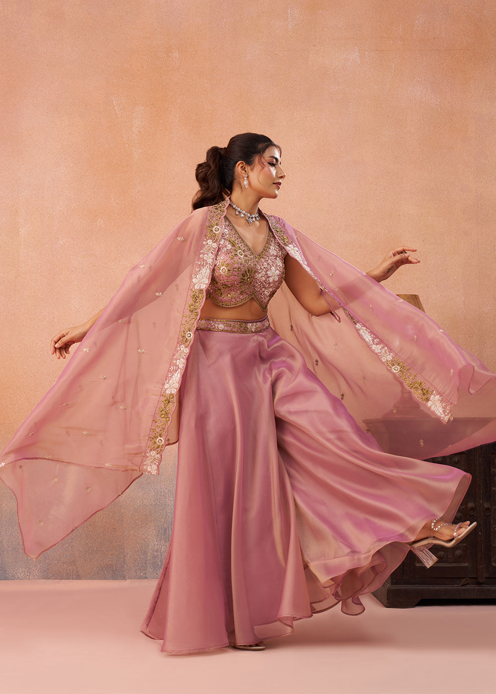 Buy Now Tissue Pink Indo Western Crop Top with Flared Cape Online in US, UK, Canada, Netherlands, Germany, Italy, France, Spain, UAE & Worldwide at Empress.