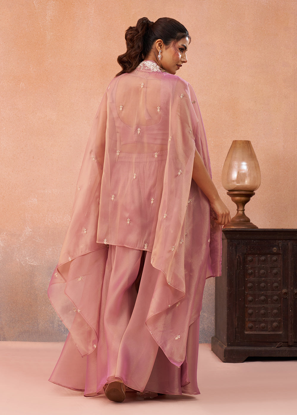 Buy Now Tissue Pink Indo Western Crop Top with Flared Cape Online in US, UK, Canada, Netherlands, Germany, Italy, France, Spain, UAE & Worldwide at Empress.