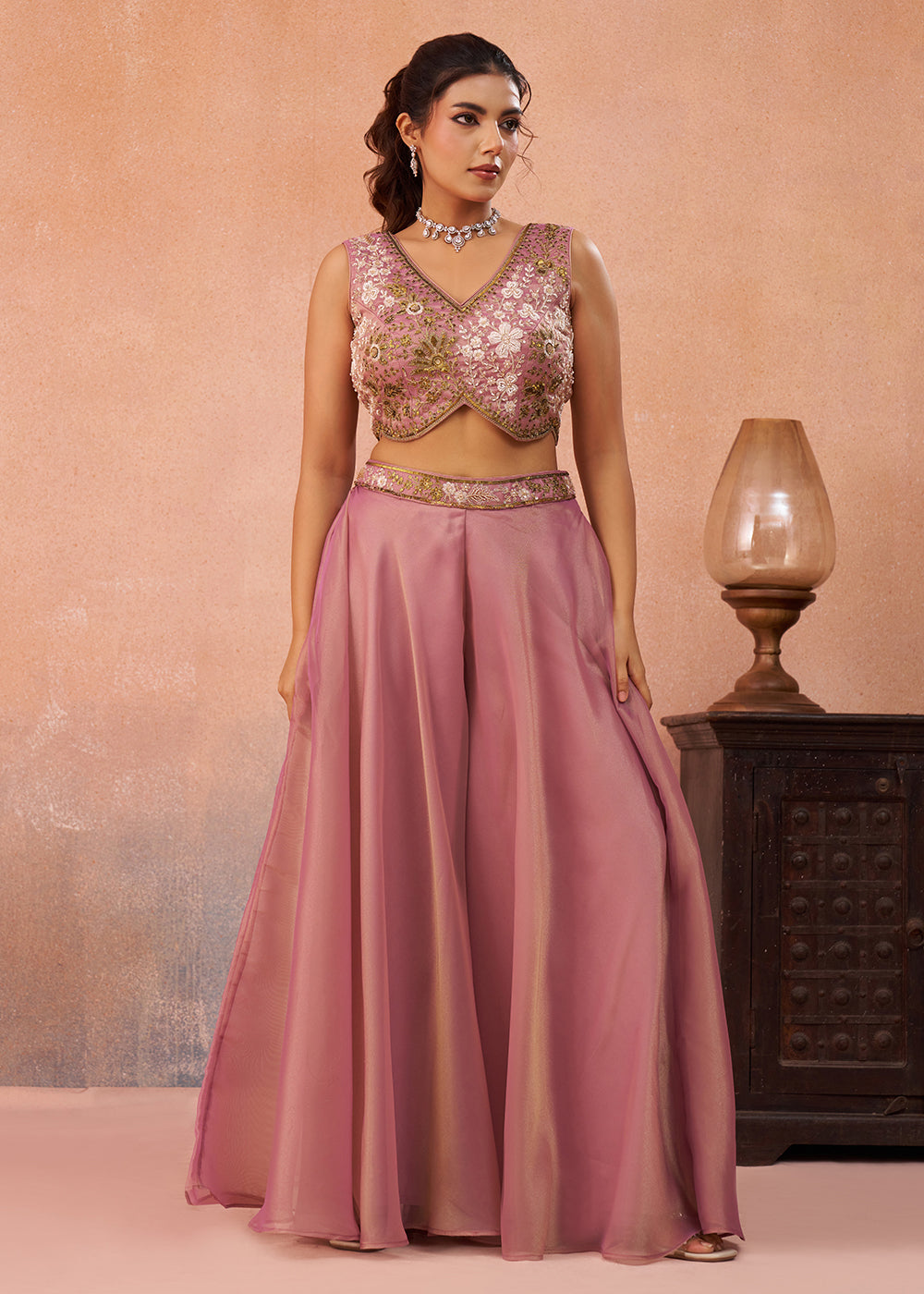 Buy Now Tissue Pink Indo Western Crop Top with Flared Cape Online in US, UK, Canada, Netherlands, Germany, Italy, France, Spain, UAE & Worldwide at Empress.