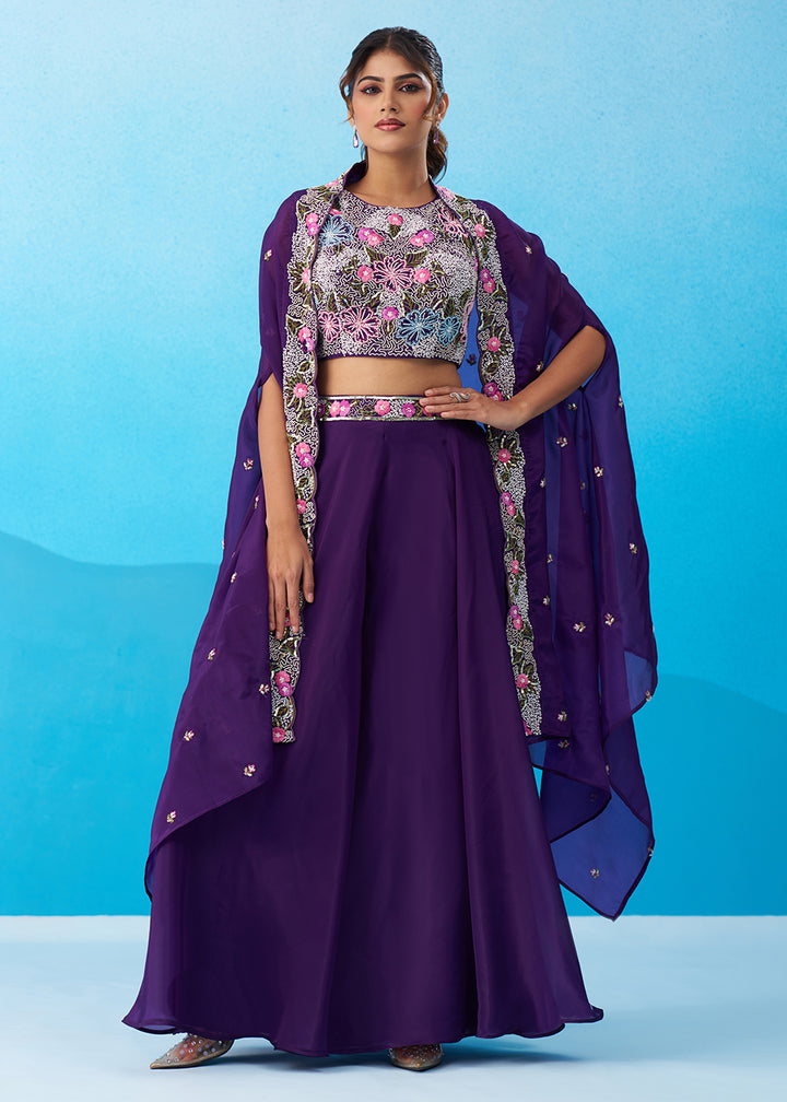 Buy Now Purple Crepe Material Flared Palazzo Set with Flared Cape Online in US, UK, Canada, Netherlands, Germany, Italy, France, Spain & Worldwide at Empress.