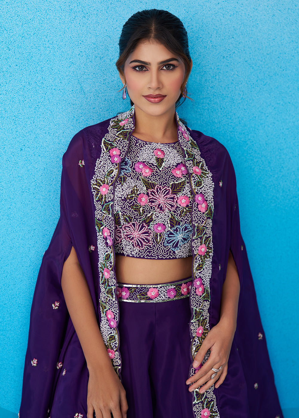 Buy Now Purple Crepe Material Flared Palazzo Set with Flared Cape Online in US, UK, Canada, Netherlands, Germany, Italy, France, Spain & Worldwide at Empress.