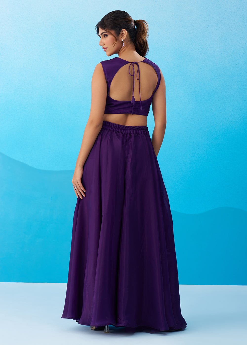 Buy Now Purple Crepe Material Flared Palazzo Set with Flared Cape Online in US, UK, Canada, Netherlands, Germany, Italy, France, Spain & Worldwide at Empress.