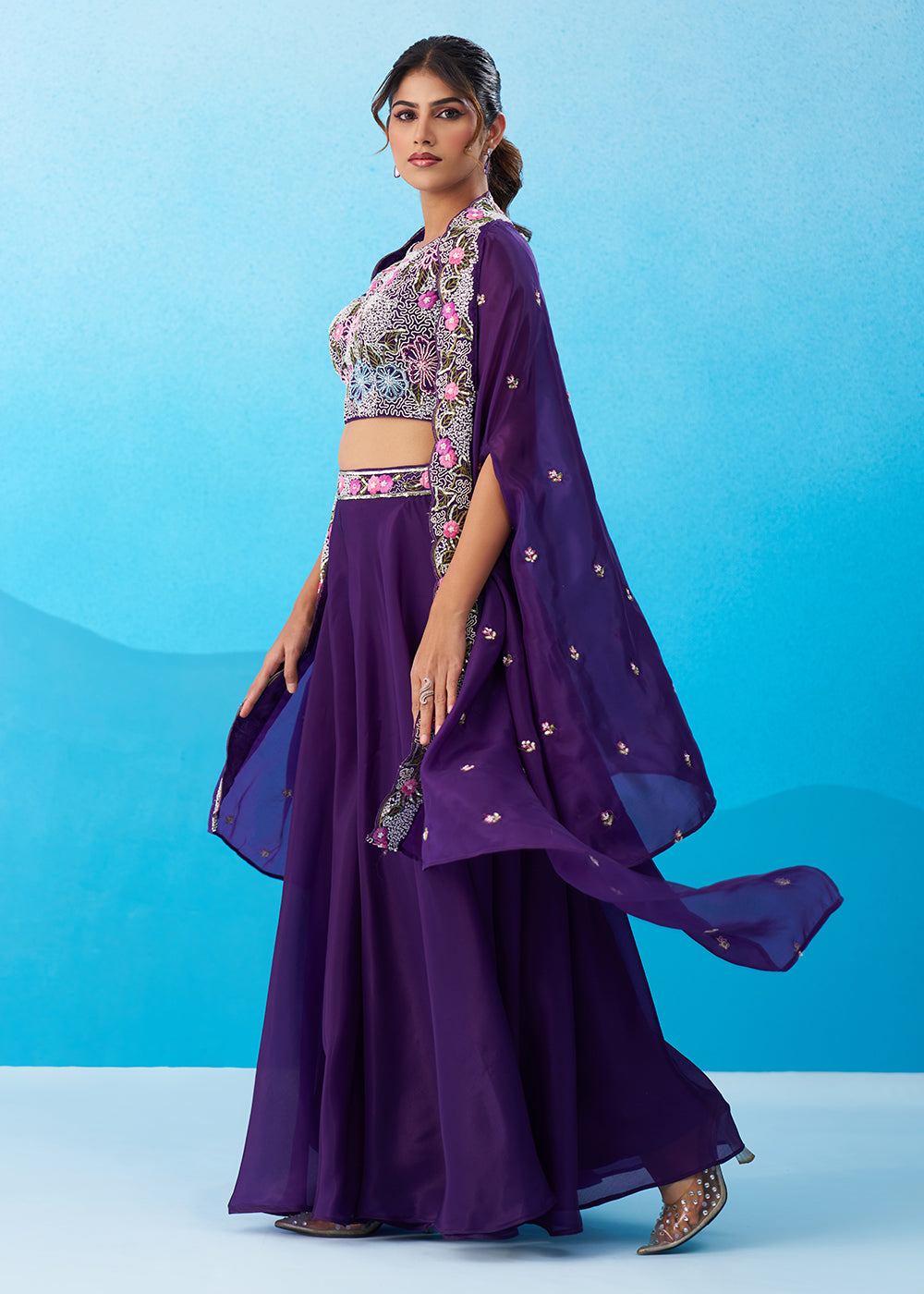 Buy Now Purple Crepe Material Flared Palazzo Set with Flared Cape Online in US, UK, Canada, Netherlands, Germany, Italy, France, Spain & Worldwide at Empress.