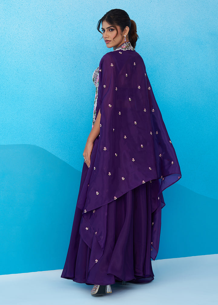 Buy Now Purple Crepe Material Flared Palazzo Set with Flared Cape Online in US, UK, Canada, Netherlands, Germany, Italy, France, Spain & Worldwide at Empress.