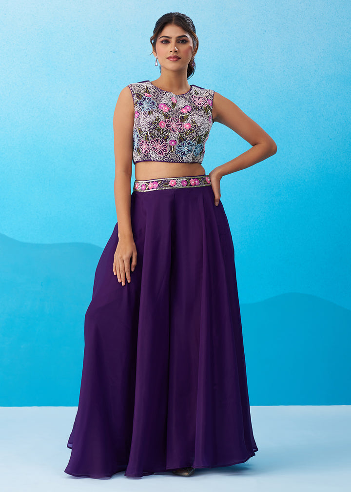 Buy Now Purple Crepe Material Flared Palazzo Set with Flared Cape Online in US, UK, Canada, Netherlands, Germany, Italy, France, Spain & Worldwide at Empress.