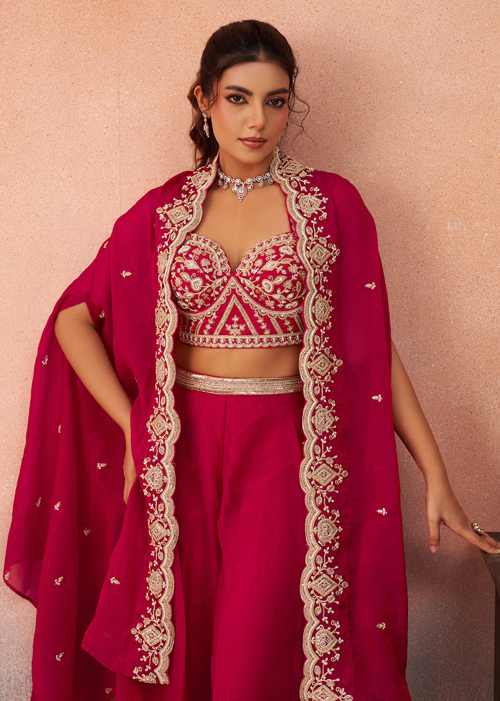 Buy Now Rani Organza Indo Western Crop Top with Flared Cape Online in US, UK, Canada, Netherlands, Germany, Italy, France, Spain, UAE & Worldwide at Empress.