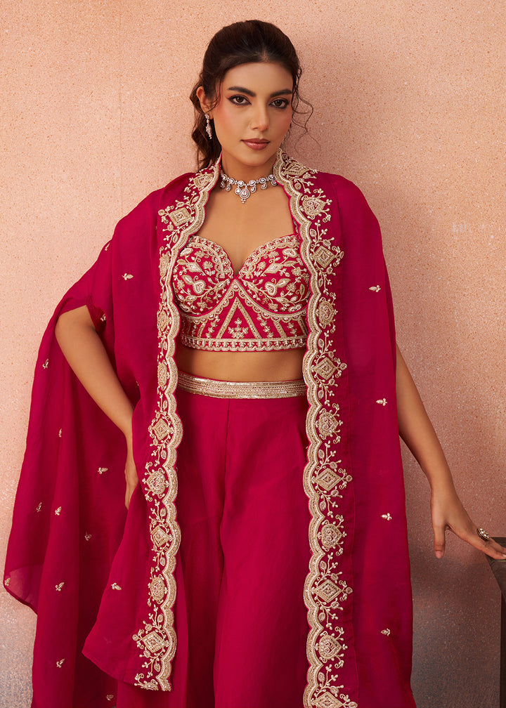 Buy Now Rani Organza Indo Western Crop Top with Flared Cape Online in US, UK, Canada, Netherlands, Germany, Italy, France, Spain, UAE & Worldwide at Empress.