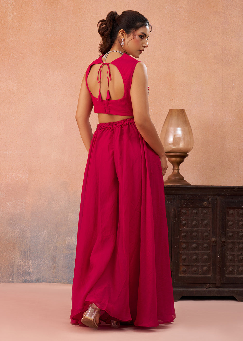 Buy Now Rani Organza Indo Western Crop Top with Flared Cape Online in US, UK, Canada, Netherlands, Germany, Italy, France, Spain, UAE & Worldwide at Empress.