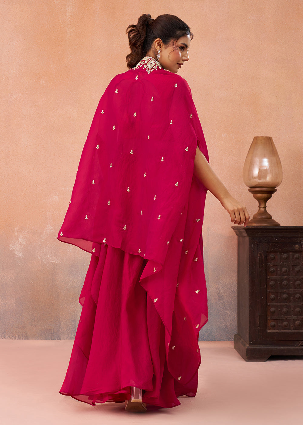 Buy Now Rani Organza Indo Western Crop Top with Flared Cape Online in US, UK, Canada, Netherlands, Germany, Italy, France, Spain, UAE & Worldwide at Empress.