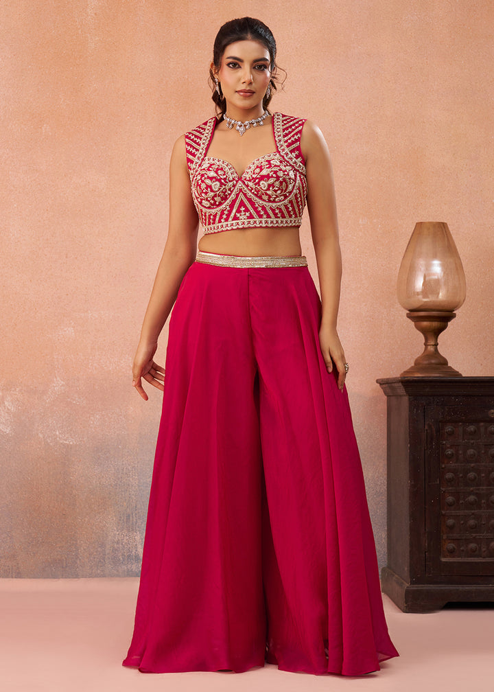 Buy Now Rani Organza Indo Western Crop Top with Flared Cape Online in US, UK, Canada, Netherlands, Germany, Italy, France, Spain, UAE & Worldwide at Empress.