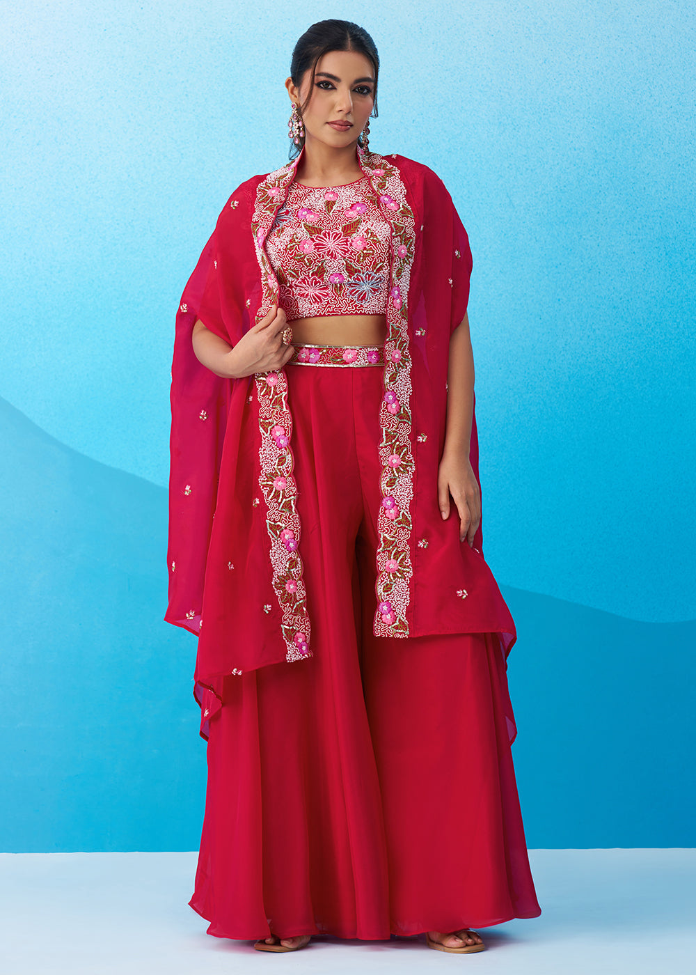 Buy Now Pink Crepe Material Flared Palazzo Set with Flared Cape Online in US, UK, Canada, Netherlands, Germany, Italy, France, Spain & Worldwide at Empress.