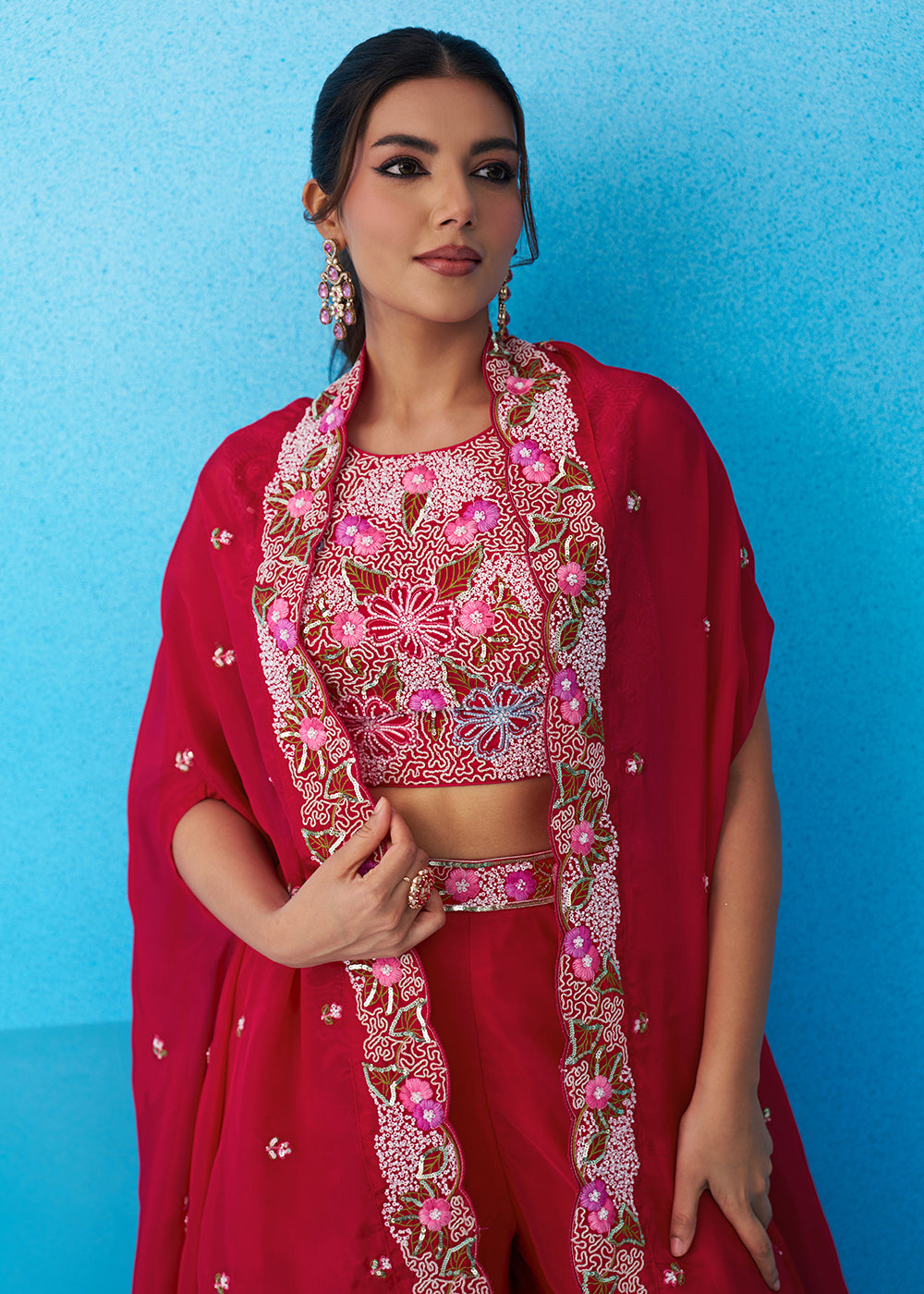 Buy Now Pink Crepe Material Flared Palazzo Set with Flared Cape Online in US, UK, Canada, Netherlands, Germany, Italy, France, Spain & Worldwide at Empress.