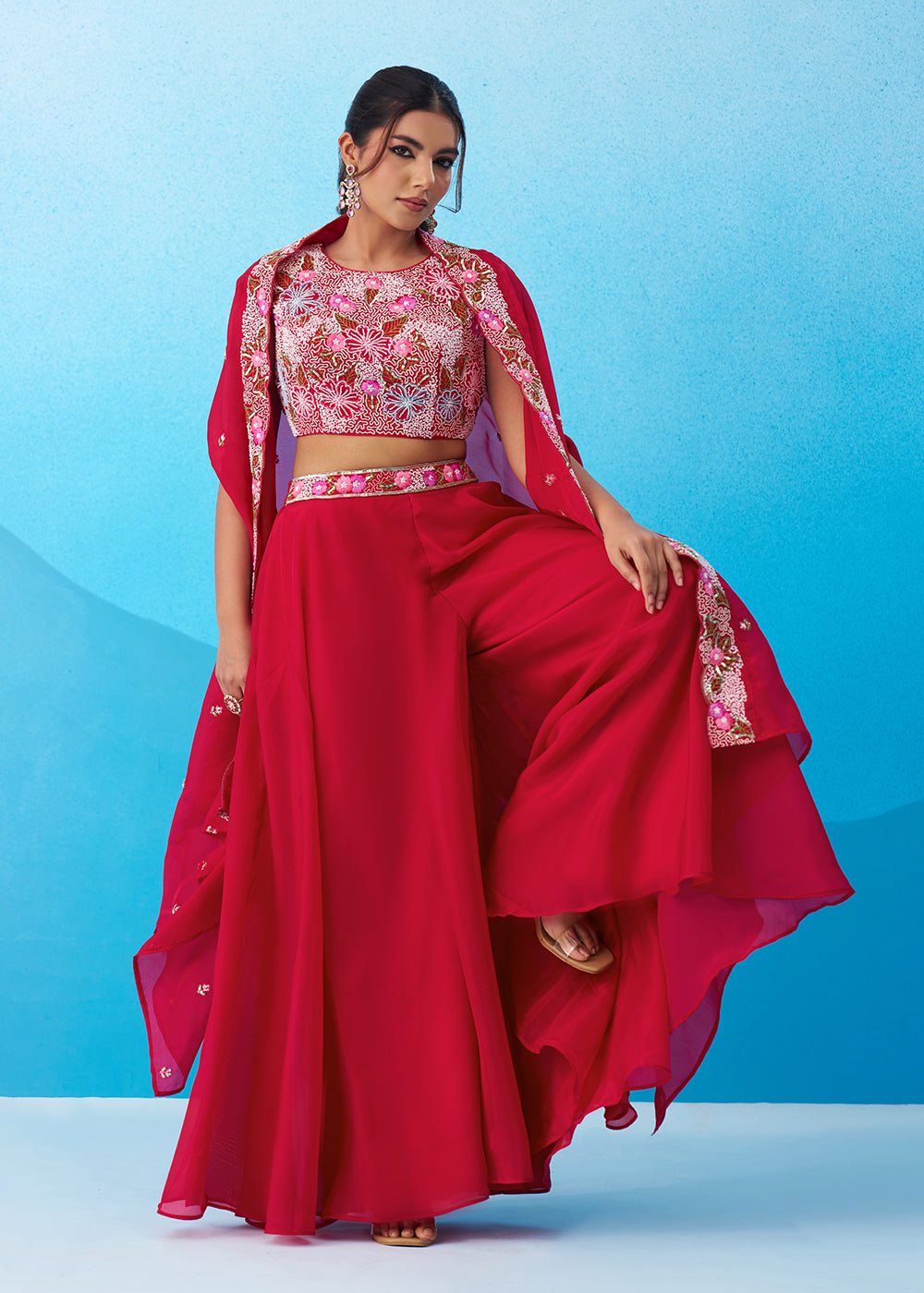 Buy Now Pink Crepe Material Flared Palazzo Set with Flared Cape Online in US, UK, Canada, Netherlands, Germany, Italy, France, Spain & Worldwide at Empress.