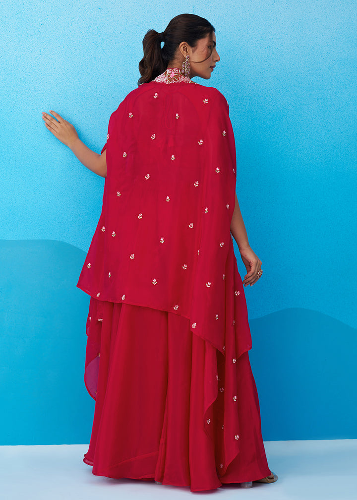 Buy Now Pink Crepe Material Flared Palazzo Set with Flared Cape Online in US, UK, Canada, Netherlands, Germany, Italy, France, Spain & Worldwide at Empress.