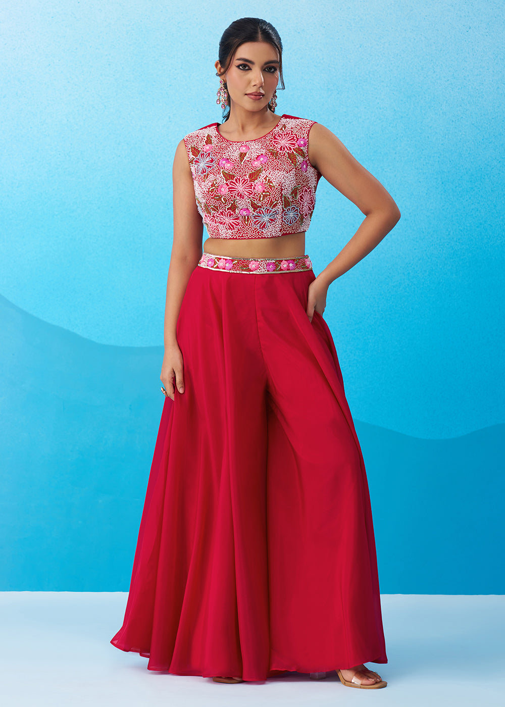 Buy Now Pink Crepe Material Flared Palazzo Set with Flared Cape Online in US, UK, Canada, Netherlands, Germany, Italy, France, Spain & Worldwide at Empress.