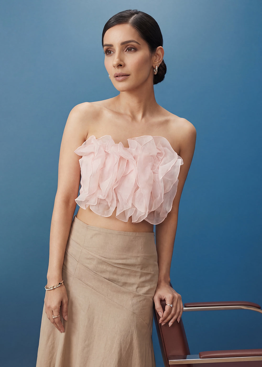 Buy Now Soft Pink Ruffled Top with Pleated Linen Long Skirt Indo Western Online in US, UK, Canada, Netherlands, Germany, Italy, France & Worldwide at Empress.