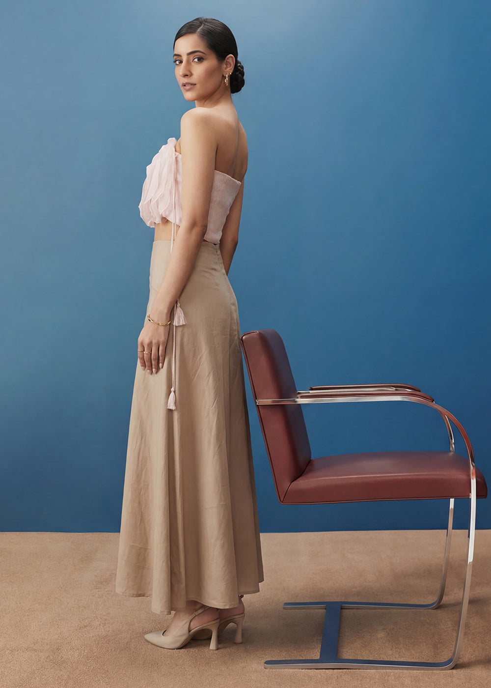 Buy Now Soft Pink Ruffled Top with Pleated Linen Long Skirt Indo Western Online in US, UK, Canada, Netherlands, Germany, Italy, France & Worldwide at Empress.