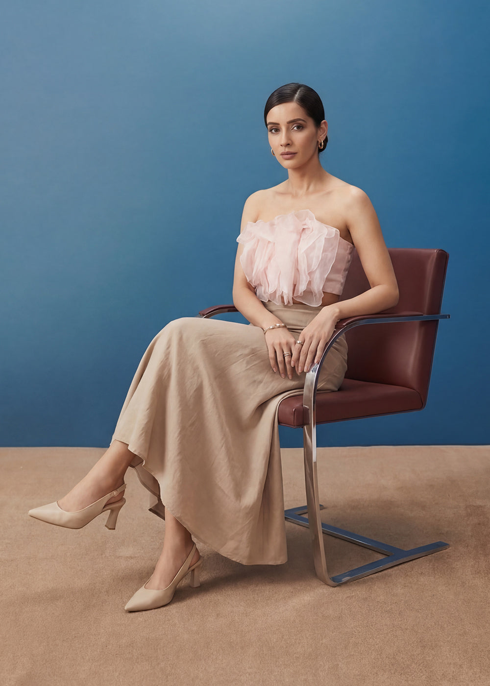 Buy Now Soft Pink Ruffled Top with Pleated Linen Long Skirt Indo Western Online in US, UK, Canada, Netherlands, Germany, Italy, France & Worldwide at Empress.