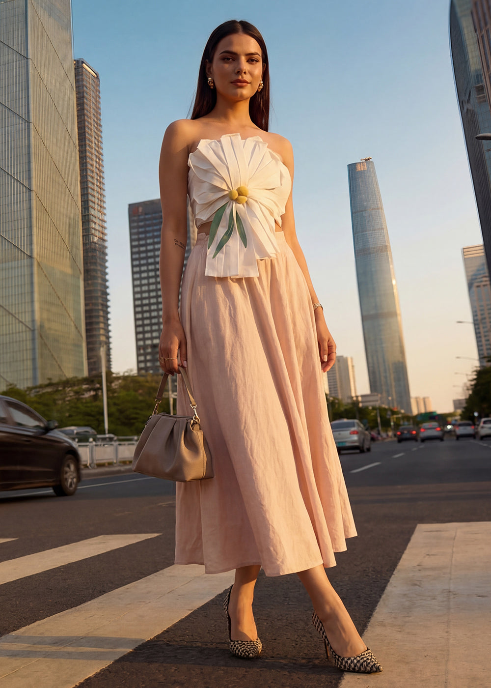 Buy Now White Tube Top with Long Linen Beige Skirt Indo Western Dress Online in US, UK, Canada, Netherlands, Germany, Italy, France, UAE & Worldwide at Empress.