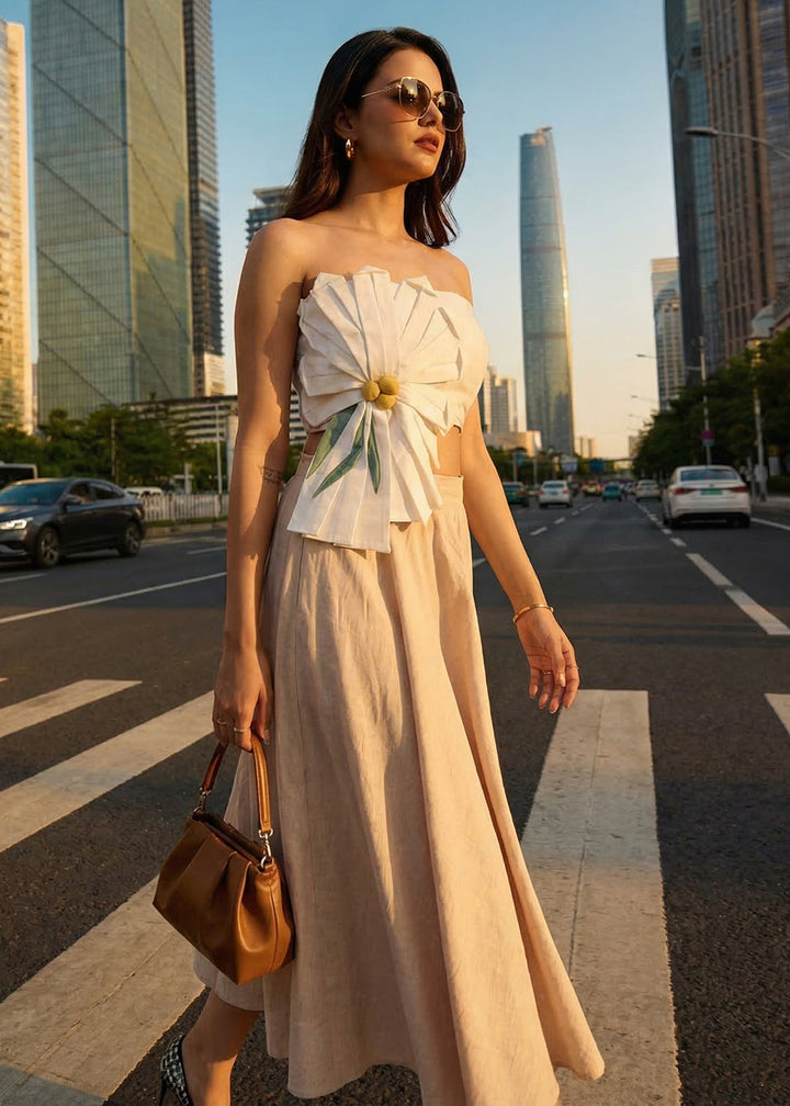 Buy Now White Tube Top with Long Linen Beige Skirt Indo Western Dress Online in US, UK, Canada, Netherlands, Germany, Italy, France, UAE & Worldwide at Empress.