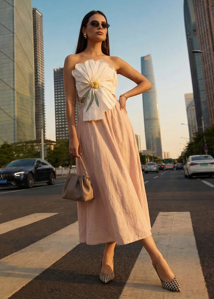Buy Now White Tube Top with Long Linen Beige Skirt Indo Western Dress Online in US, UK, Canada, Netherlands, Germany, Italy, France, UAE & Worldwide at Empress.