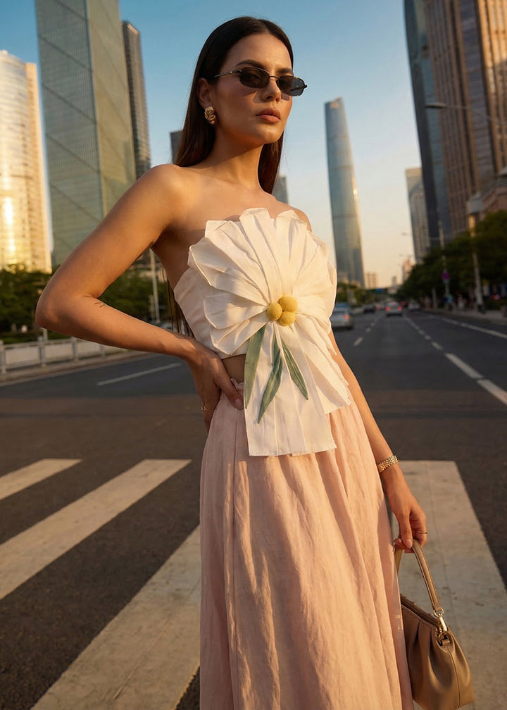 Buy Now White Tube Top with Long Linen Beige Skirt Indo Western Dress Online in US, UK, Canada, Netherlands, Germany, Italy, France, UAE & Worldwide at Empress.