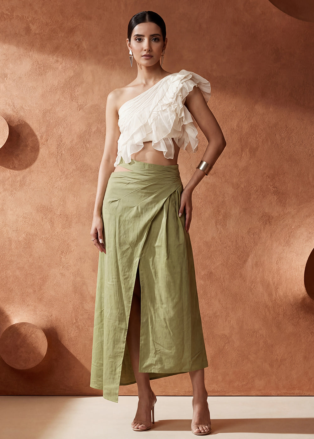 Buy Now White Ruffled One Shoulder Top with Green Cotton Skirt Dress Online in US, UK, Canada, Netherlands, Germany, Italy, France, UAE & Worldwide at Empress.