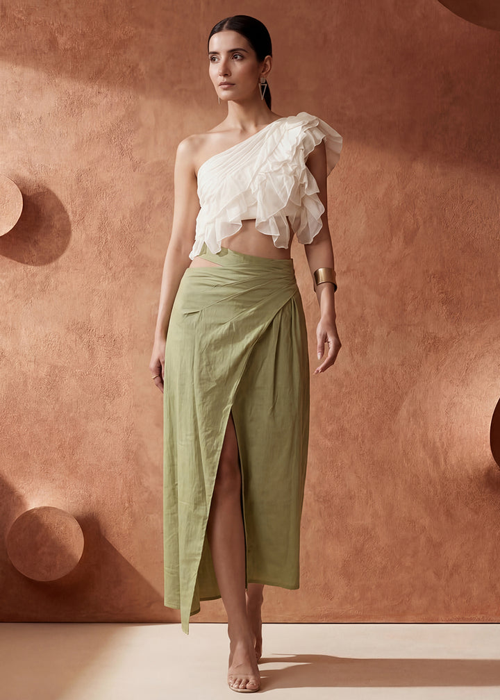 Buy Now White Ruffled One Shoulder Top with Green Cotton Skirt Dress Online in US, UK, Canada, Netherlands, Germany, Italy, France, UAE & Worldwide at Empress.