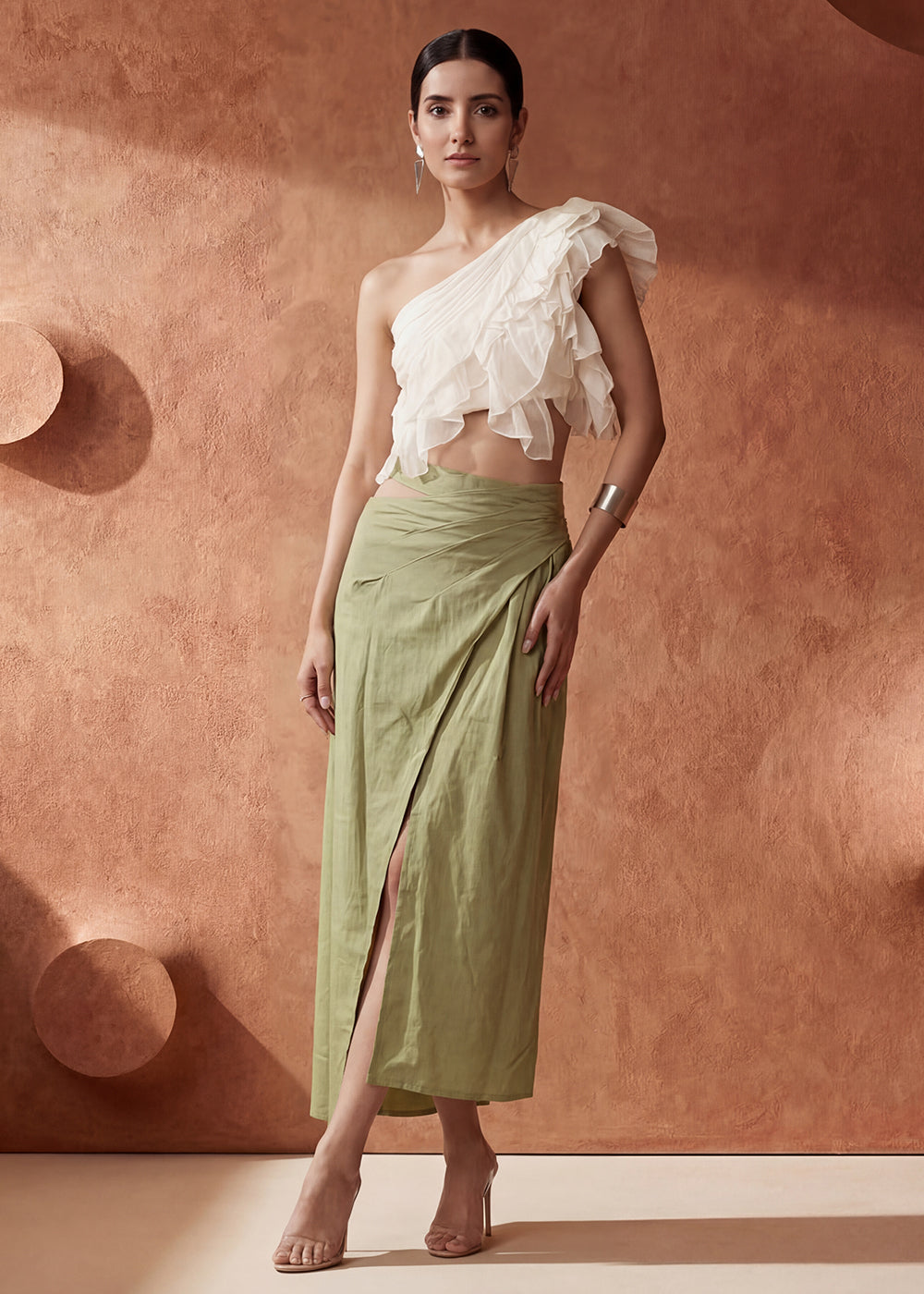 Buy Now White Ruffled One Shoulder Top with Green Cotton Skirt Dress Online in US, UK, Canada, Netherlands, Germany, Italy, France, UAE & Worldwide at Empress.