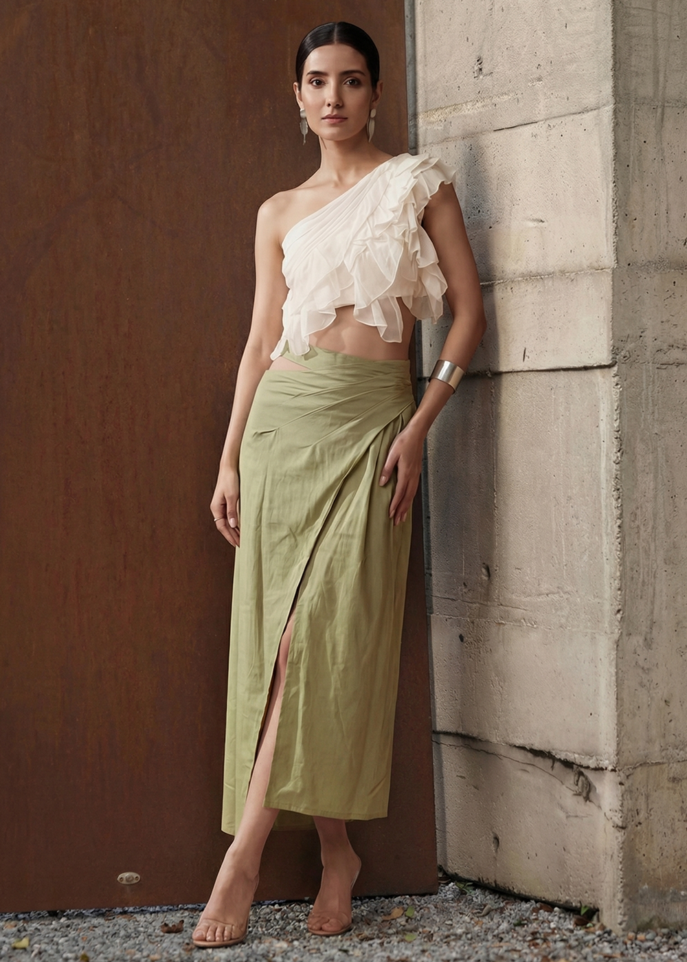 White Ruffled One Shoulder Top with Green Cotton Skirt Dress