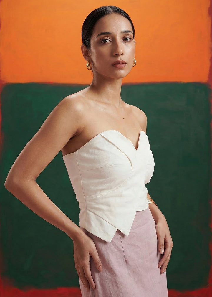 Buy Now White Tube Top Linen Mauve Pencil Skirt Indo Western Dress Online in US, UK, Canada, Netherlands, Germany, Italy, France, UAE & Worldwide at Empress.