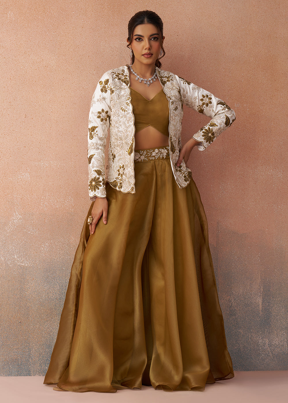 Buy Now Golden Mustard Indo Western Crop Top with White Jacket Online in US, UK, Canada, Netherlands, Germany, Italy, France, Switzerland & Worldwide at Empress