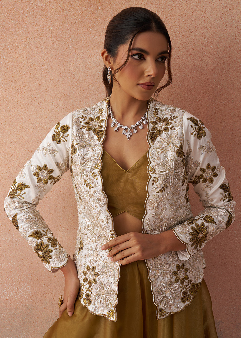 Buy Now Golden Mustard Indo Western Crop Top with White Jacket Online in US, UK, Canada, Netherlands, Germany, Italy, France, Switzerland & Worldwide at Empress