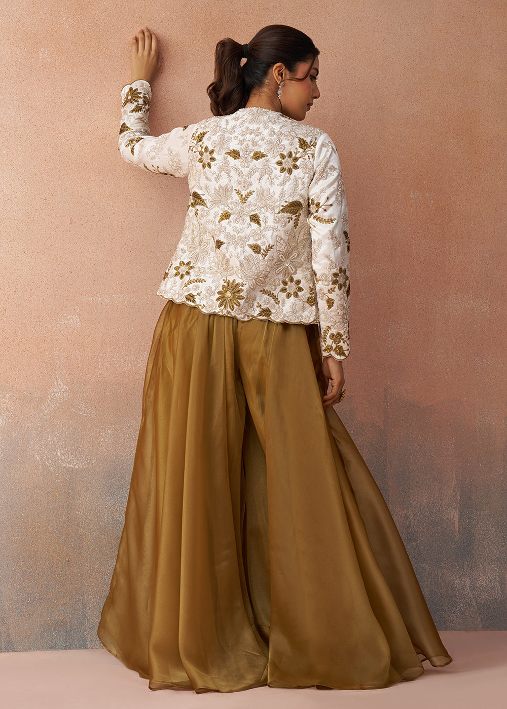 Buy Now Golden Mustard Indo Western Crop Top with White Jacket Online in US, UK, Canada, Netherlands, Germany, Italy, France, Switzerland & Worldwide at Empress