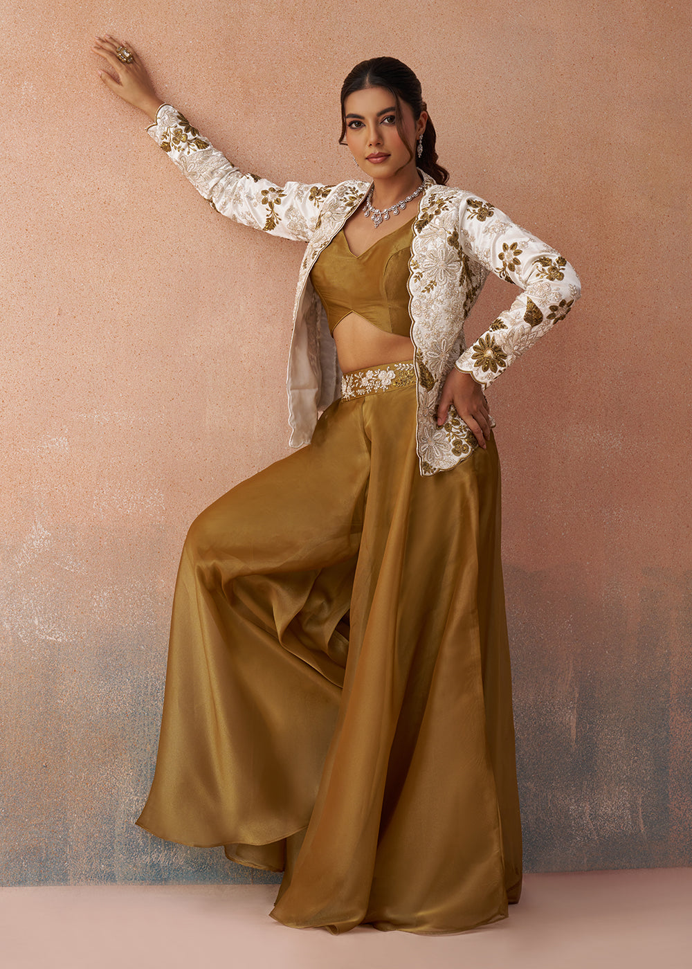 Buy Now Golden Mustard Indo Western Crop Top with White Jacket Online in US, UK, Canada, Netherlands, Germany, Italy, France, Switzerland & Worldwide at Empress