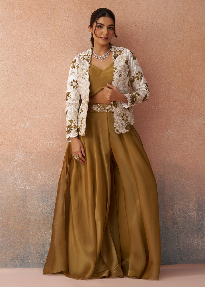 Buy Now Golden Mustard Indo Western Crop Top with White Jacket Online in US, UK, Canada, Netherlands, Germany, Italy, France, Switzerland & Worldwide at Empress