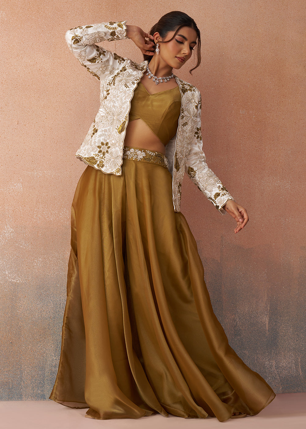 Buy Now Golden Mustard Indo Western Crop Top with White Jacket Online in US, UK, Canada, Netherlands, Germany, Italy, France, Switzerland & Worldwide at Empress