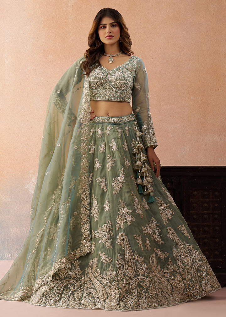 Buy Now Tissue Beads & Sequins Green Wedding Lehenga Choli Online in US, UK, Canada, France, Italy, Germany, Sweden, Greece, Spain, UAE & Worldwide at Empress.