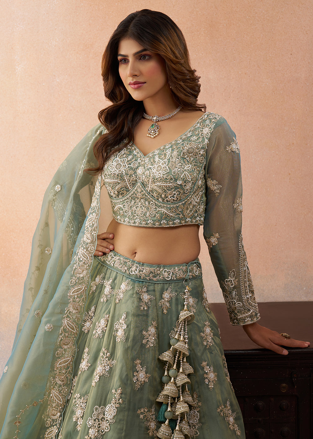 Buy Now Tissue Beads & Sequins Green Wedding Lehenga Choli Online in US, UK, Canada, France, Italy, Germany, Sweden, Greece, Spain, UAE & Worldwide at Empress.