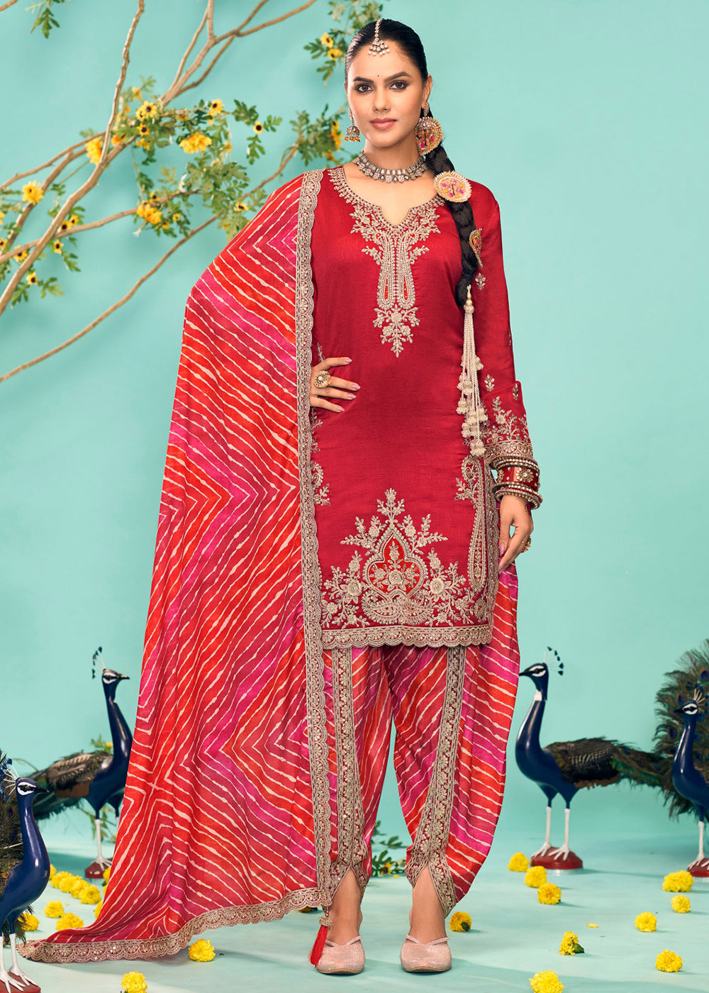 Buy Now Enticing Red Heavy Chinnon Tulip Style Dhoti Suit Online in USA, UK, Canada, Germany, Italy & Worldwide at Empress Clothing.