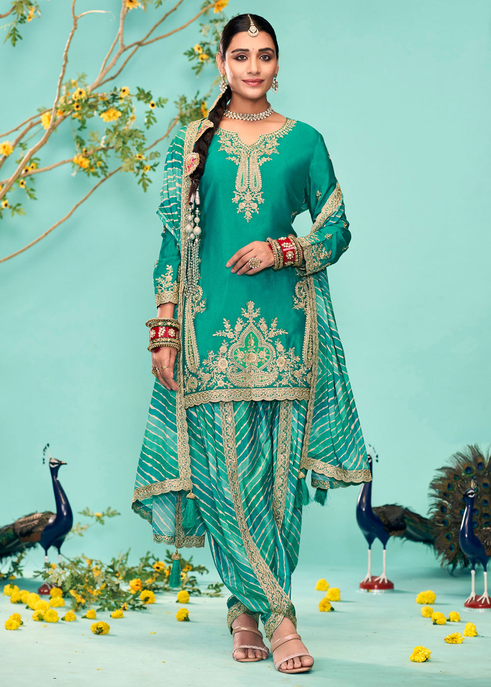 Buy Now Enticing Teal Heavy Chinnon Tulip Style Dhoti Suit Online in USA, UK, Canada, Germany, Italy & Worldwide at Empress Clothing.