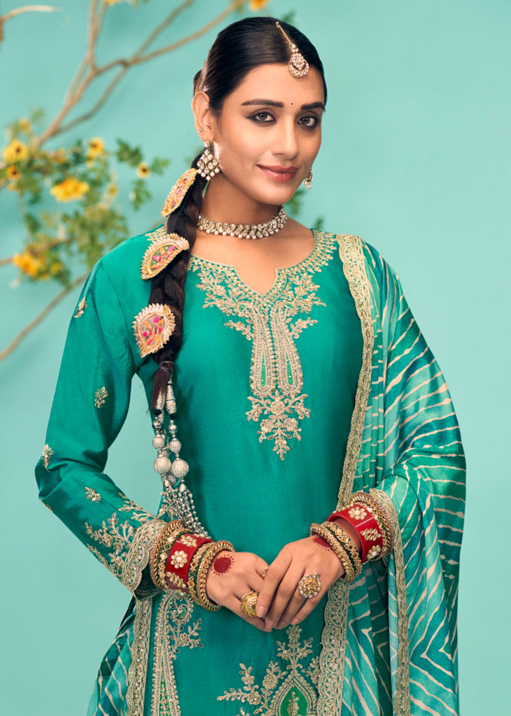 Buy Now Enticing Teal Heavy Chinnon Tulip Style Dhoti Suit Online in USA, UK, Canada, Germany, Italy & Worldwide at Empress Clothing.