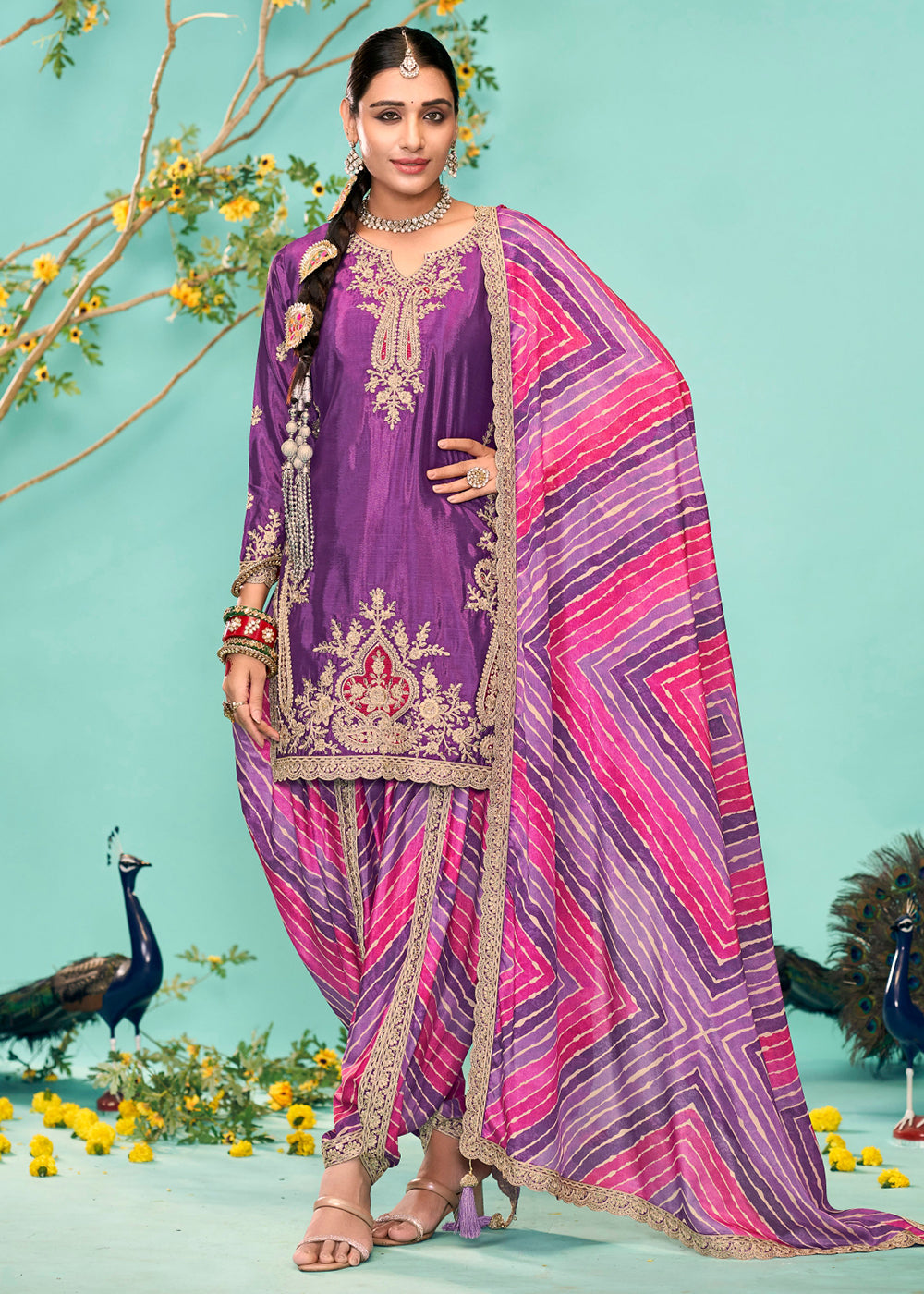 Buy Now Enticing Purple Heavy Chinnon Tulip Style Dhoti Suit Online in USA, UK, Canada, Germany, Italy & Worldwide at Empress Clothing. 